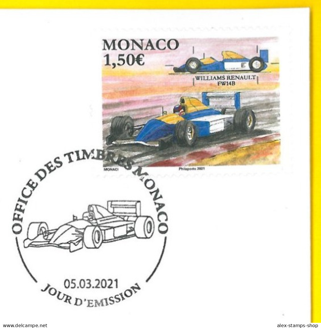 MONACO 2021 Legendary Race Cars Williams Renault FW14B FDC First Day Cover - FDC