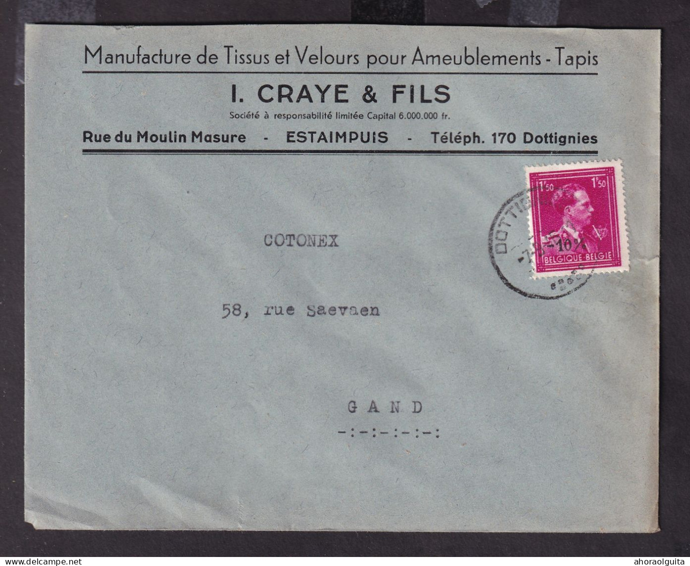 DDGG 150 -- 2 X Enveloppe TP Moins 10 % Surcharge Locale § Typo DOTTIGNIES 1946 - Entete Tissus Craye à ESTAIMPUIS - 1946 -10 %