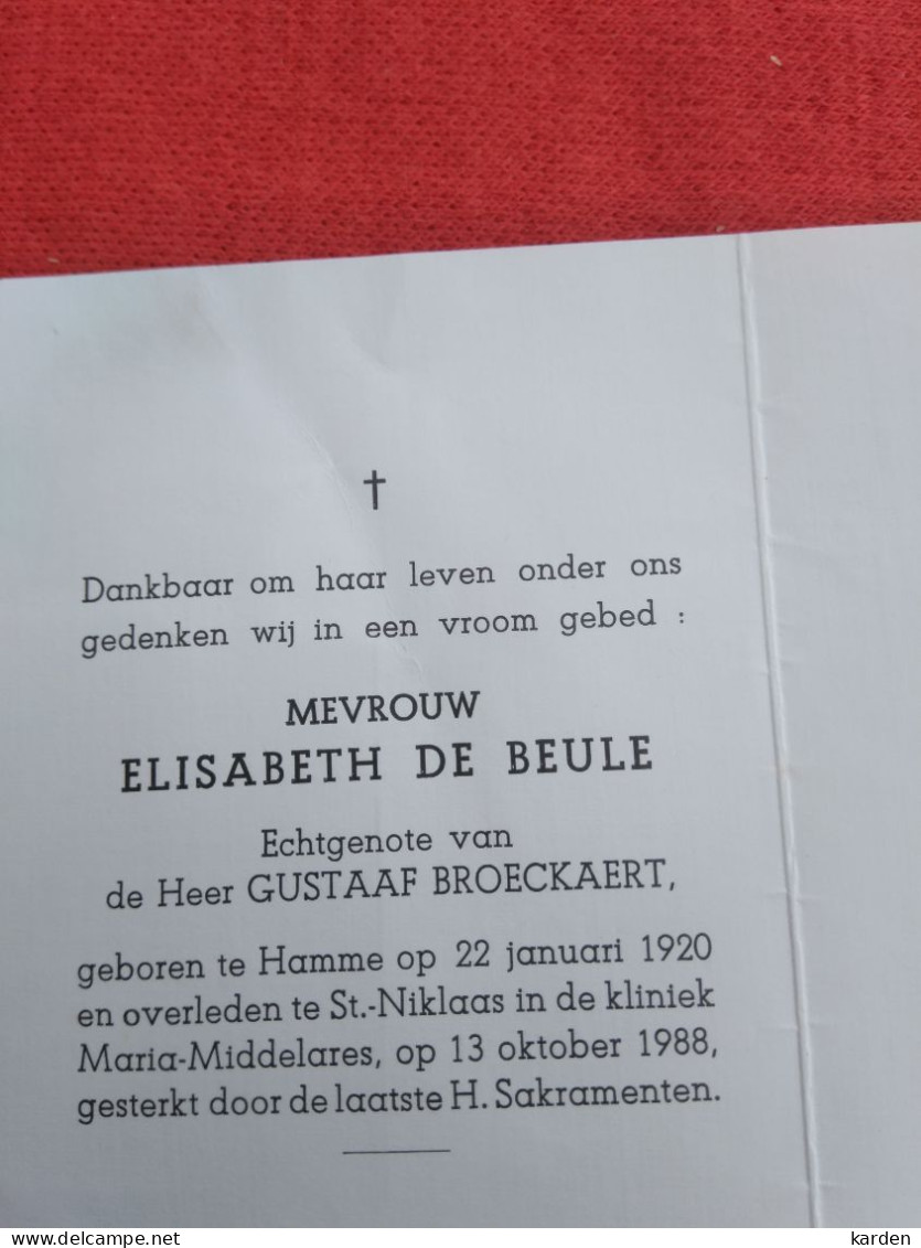 Doodsprentje Elisabeth De Beule / Hamme 22/1/1920 Sint Niklaas 13/10/1988 ( Gustaaf Broeckaert ) - Religion & Esotericism