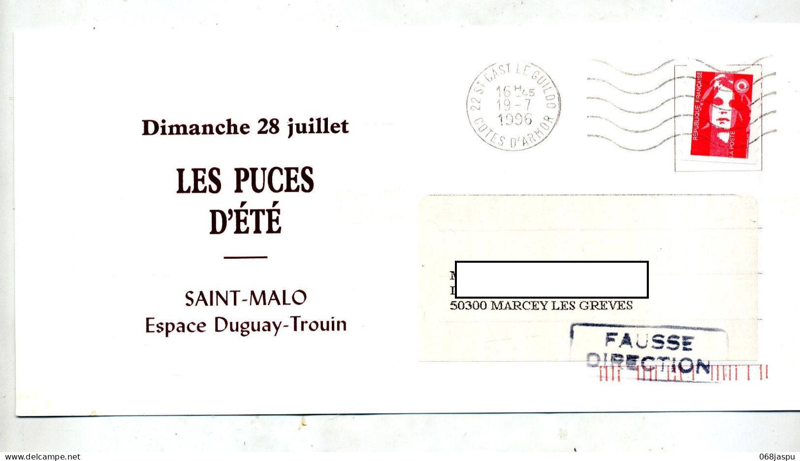 Carte Flamme Muette Saint Cast Fausse Direction  Cachet Brehal - Mechanical Postmarks (Advertisement)