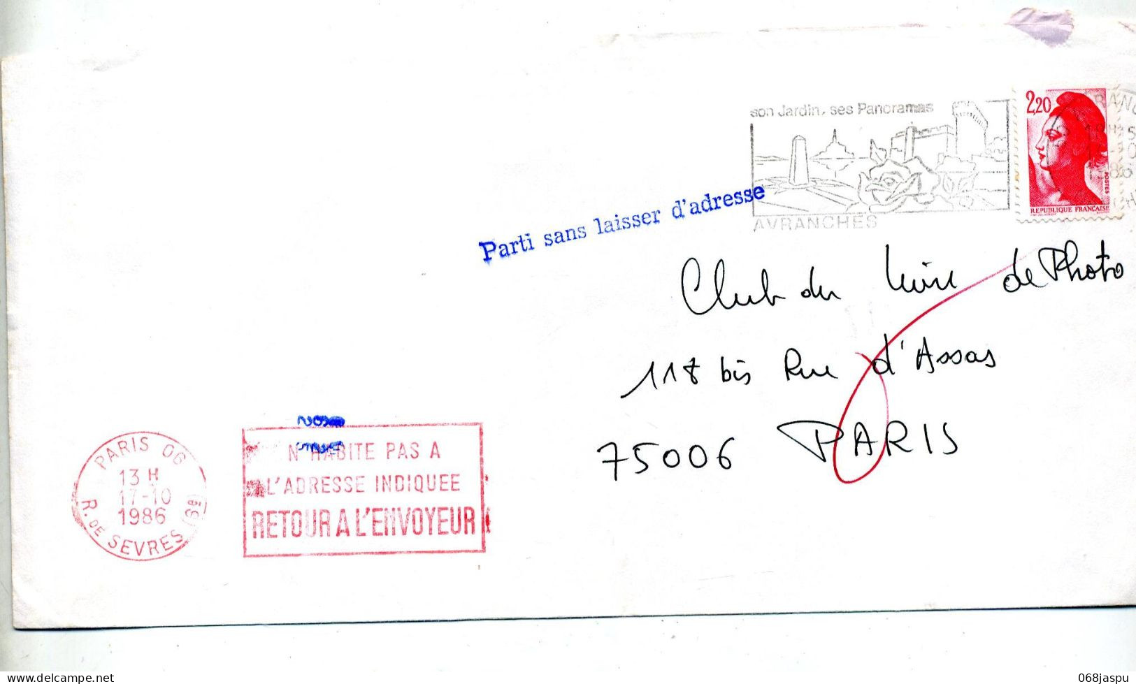 Lettre  Flamme Avranche Jardin Rose  Parti Sans Adresse Flamme Paros 06 Retour - Mechanical Postmarks (Advertisement)