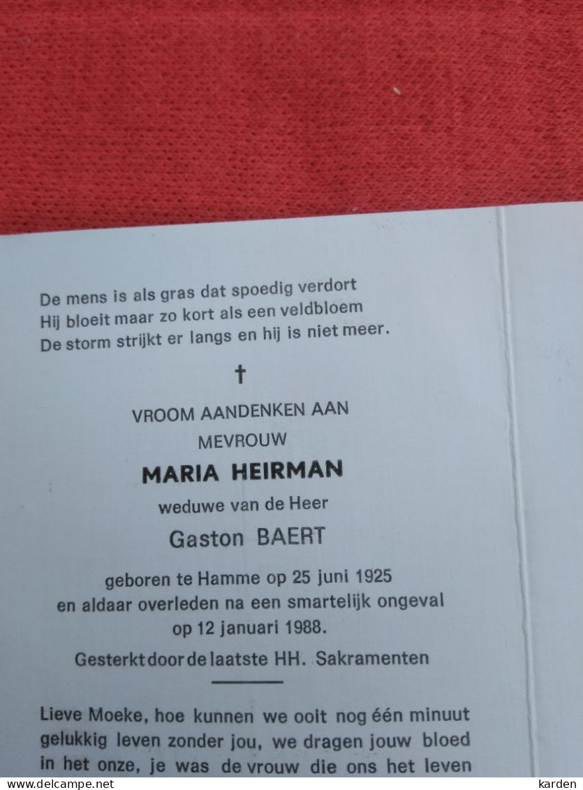 Doodsprentje Maria Heirman / Hamme 25/6/1925 - 12/1/1988 ( Gaston Baert ) - Religión & Esoterismo