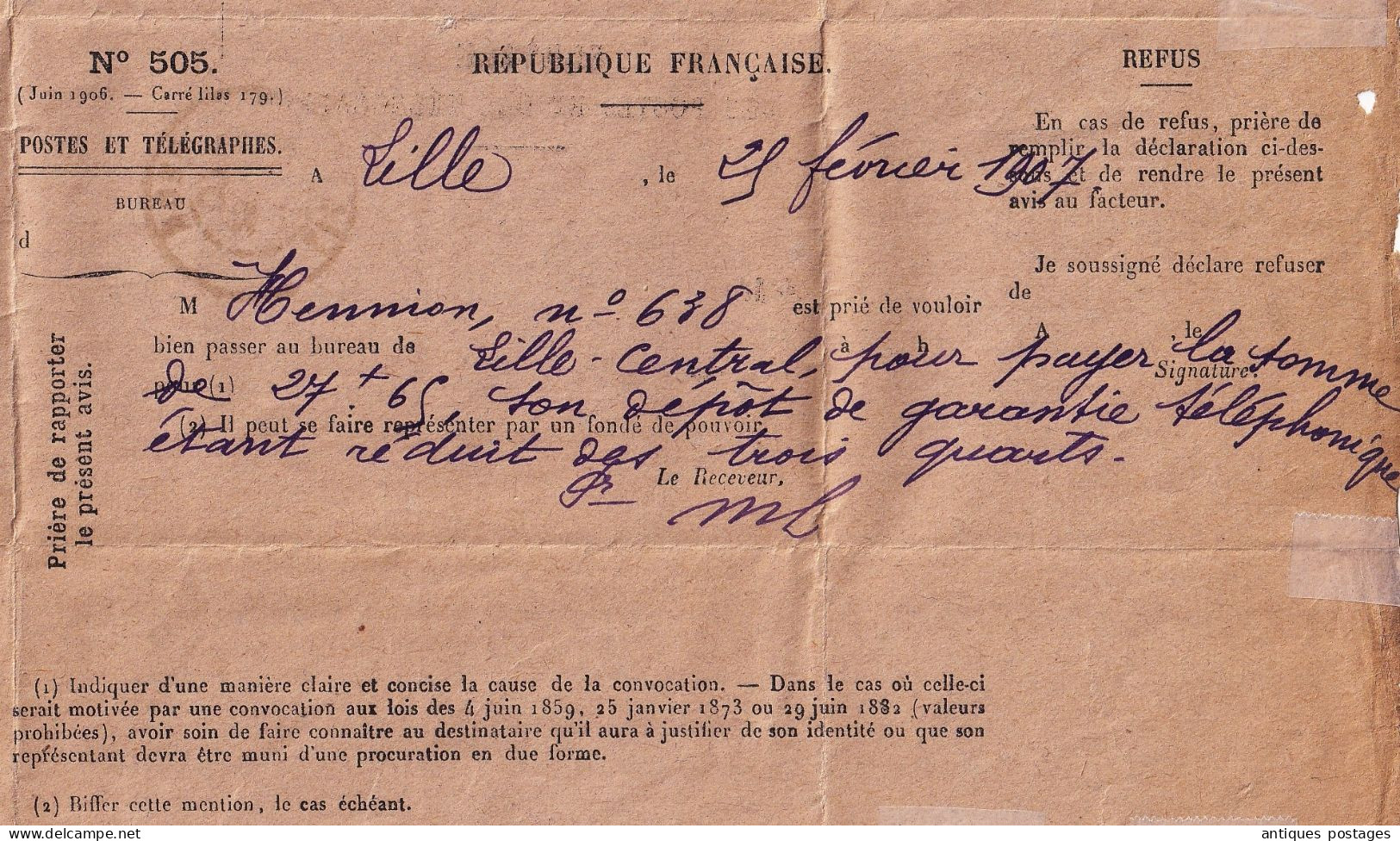 Lille 1907 Nord Service des Postes et des Télégraphes Dépot de Garantie Téléphonique