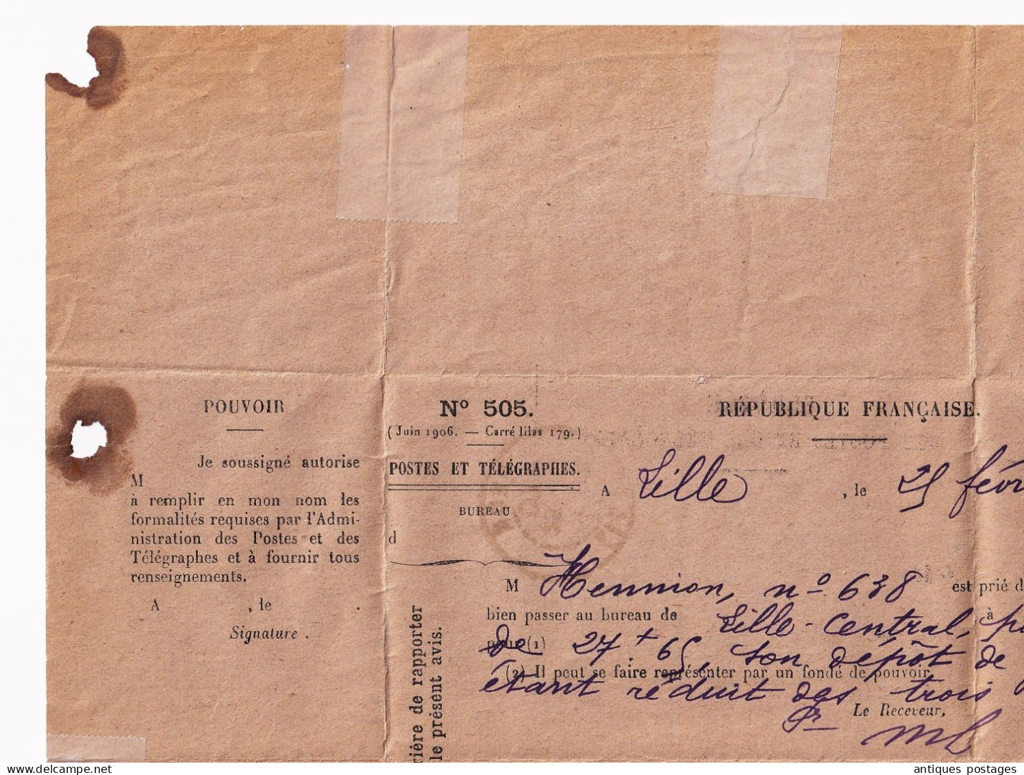 Lille 1907 Nord Service des Postes et des Télégraphes Dépot de Garantie Téléphonique