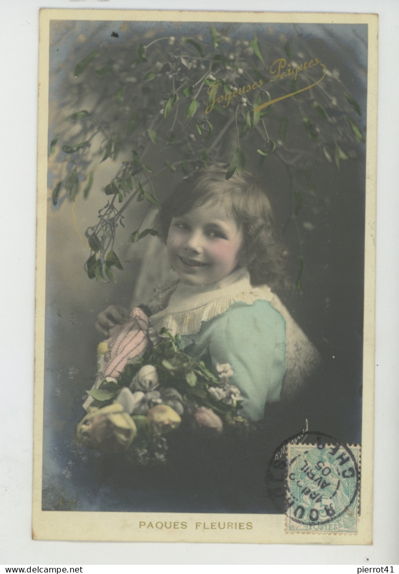 ENFANTS - LITTLE GIRL - MAEDCHEN - Jolie Carte Fantaisie Avec Fleurs Et Poupée De "Joyeuses Pâques " - Pâques Fleuries - Pâques