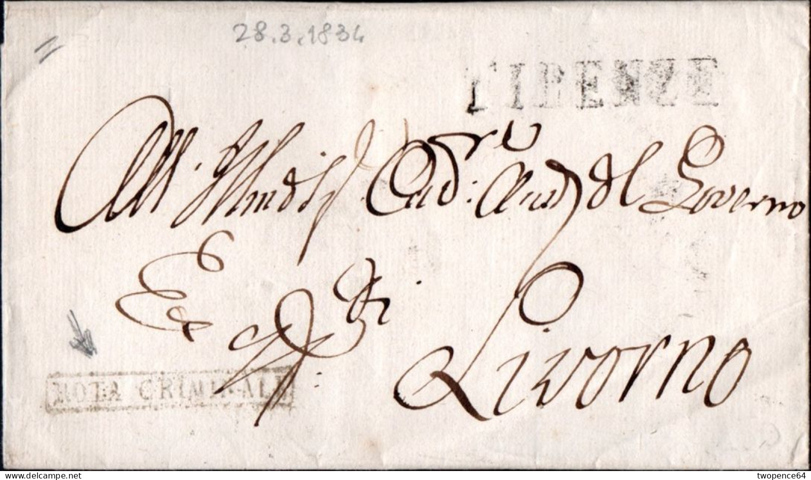 B63 - LETTERA PREFILATELICA DA FIRENZE A LIVORNO 1834 - 1. ...-1850 Prephilately