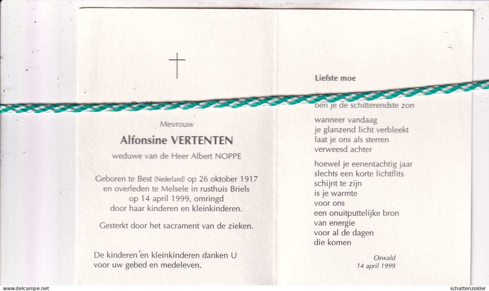 Alfonsine Vertenten-Noppe, Best (Nl) 1917, Melsele 1999. Foto - Obituary Notices