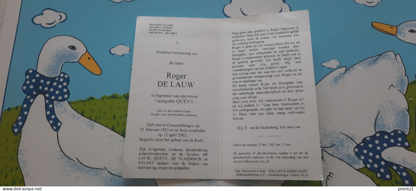 Roger De Lauw Geb. Geraardsbergen 21/02/1923 Getr. G. Quevy -Geheim Leger - Gest.12/04/2002 - Devotieprenten