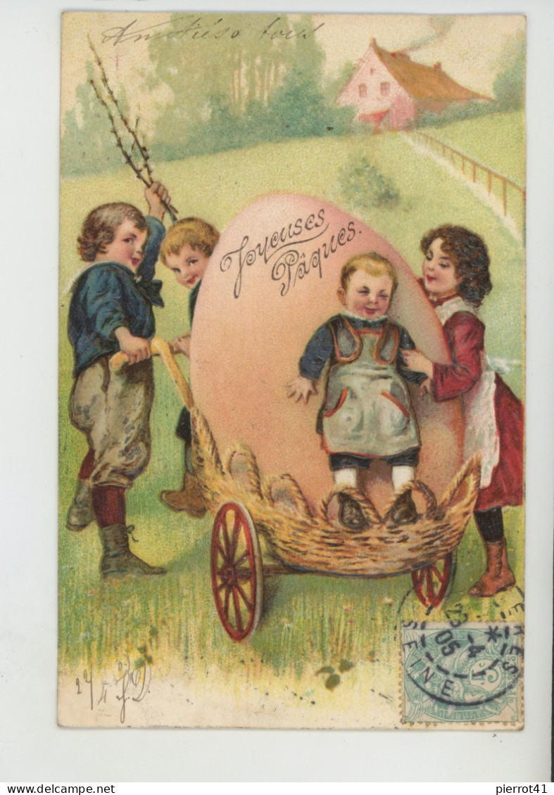 ENFANTS - Jolie Carte Fantaisie Gaufrée Enfants Transportant Un Oeuf De "Joyeuses Pâques " (embossed Card) - Ostern