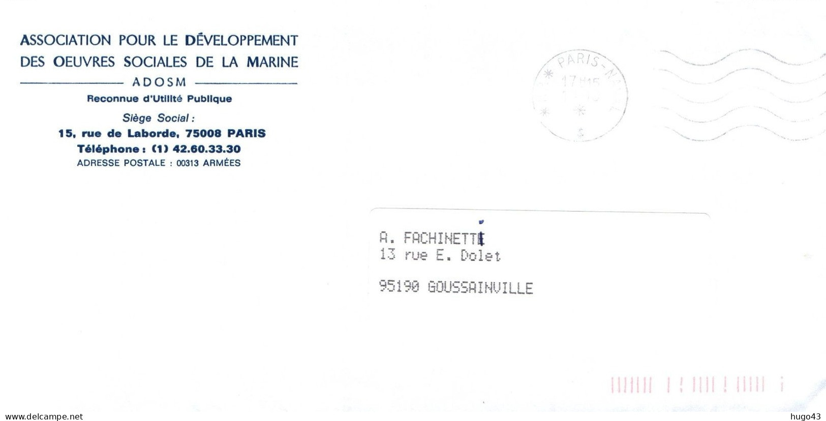 ENVELOPPE A.D.O.S.M. RUE DE LABORDE A PARIS - Poste Navale