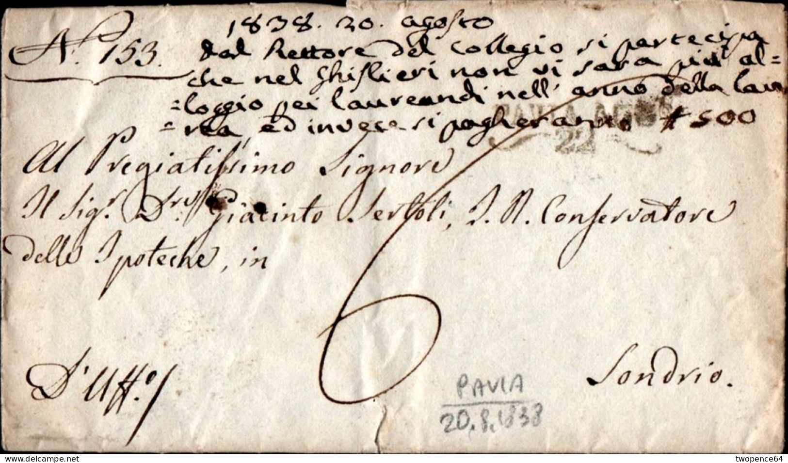 B67 - LETTERA PREFILATELICA DA PAVIA A SONDRIO 1838 - ...-1850 Préphilatélie