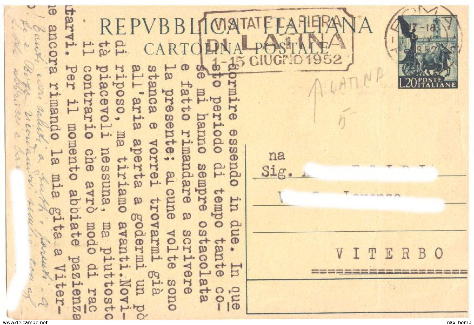 1952 CARTOLINA POSTALE L. 20  ANNULLO FIERA DI LATINA - Sonstige & Ohne Zuordnung