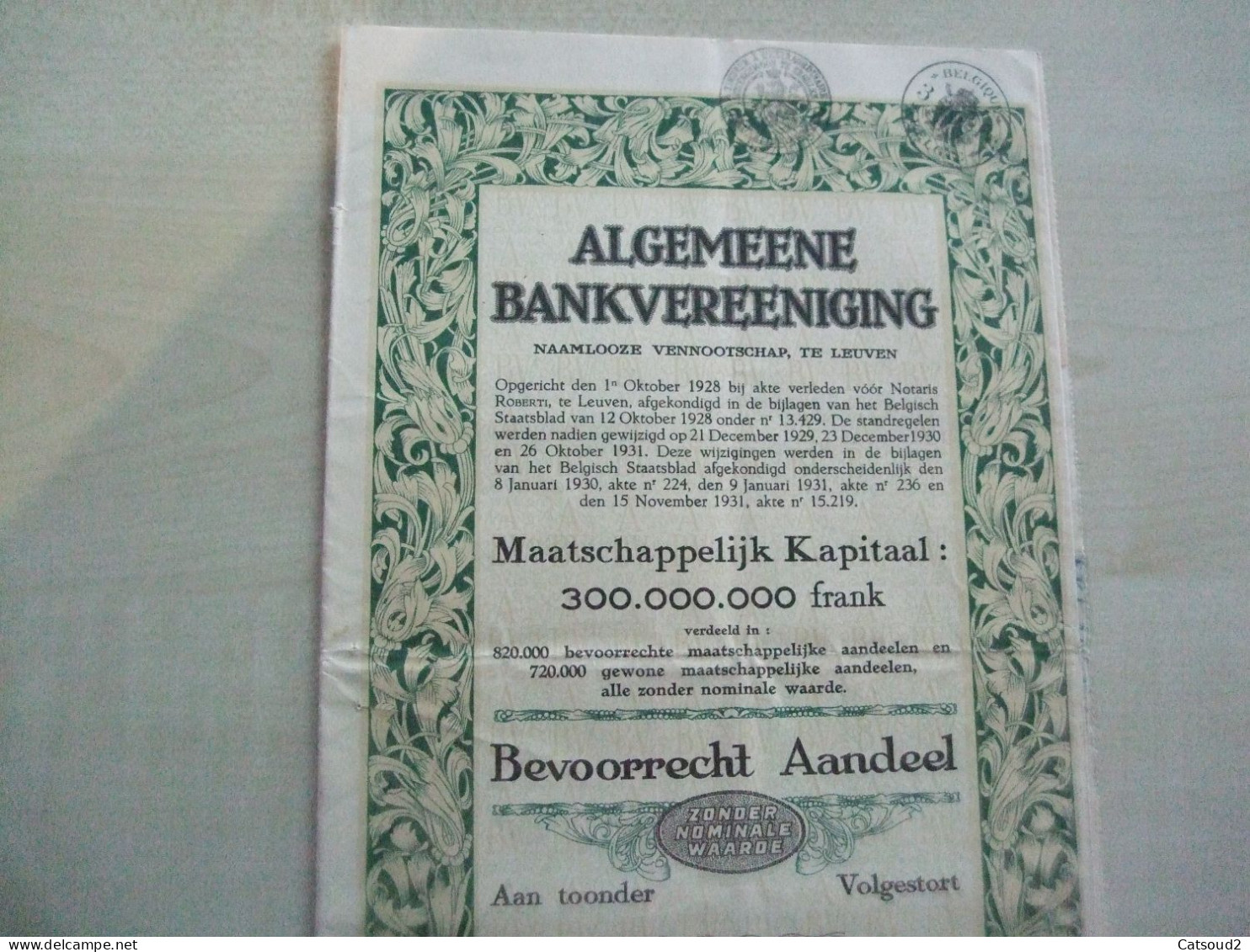 Action Ancienne 1928 ALGEMEENE BANKVEREENIGING - Andere & Zonder Classificatie