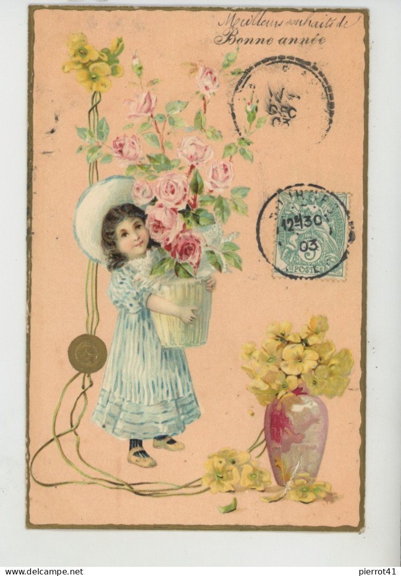 ENFANTS - LITTLE GIRL - MAEDCHEN - Jolie Carte Fantaisie Gaufrée Fillette Et Fleurs De "Bonne Année" (embossed Card ) - Neujahr