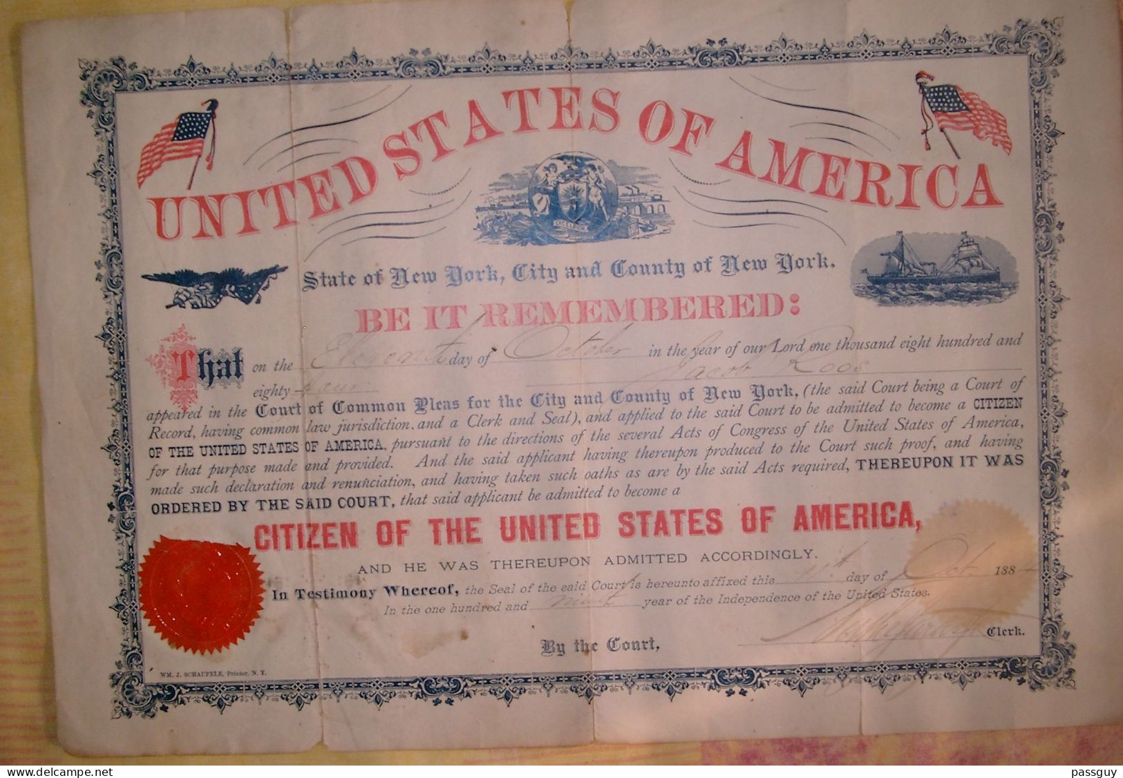 U.S.A. Citizenship Certificate (Passport) 1884 Attestation De Nationalité (Passeport) - Documentos Históricos