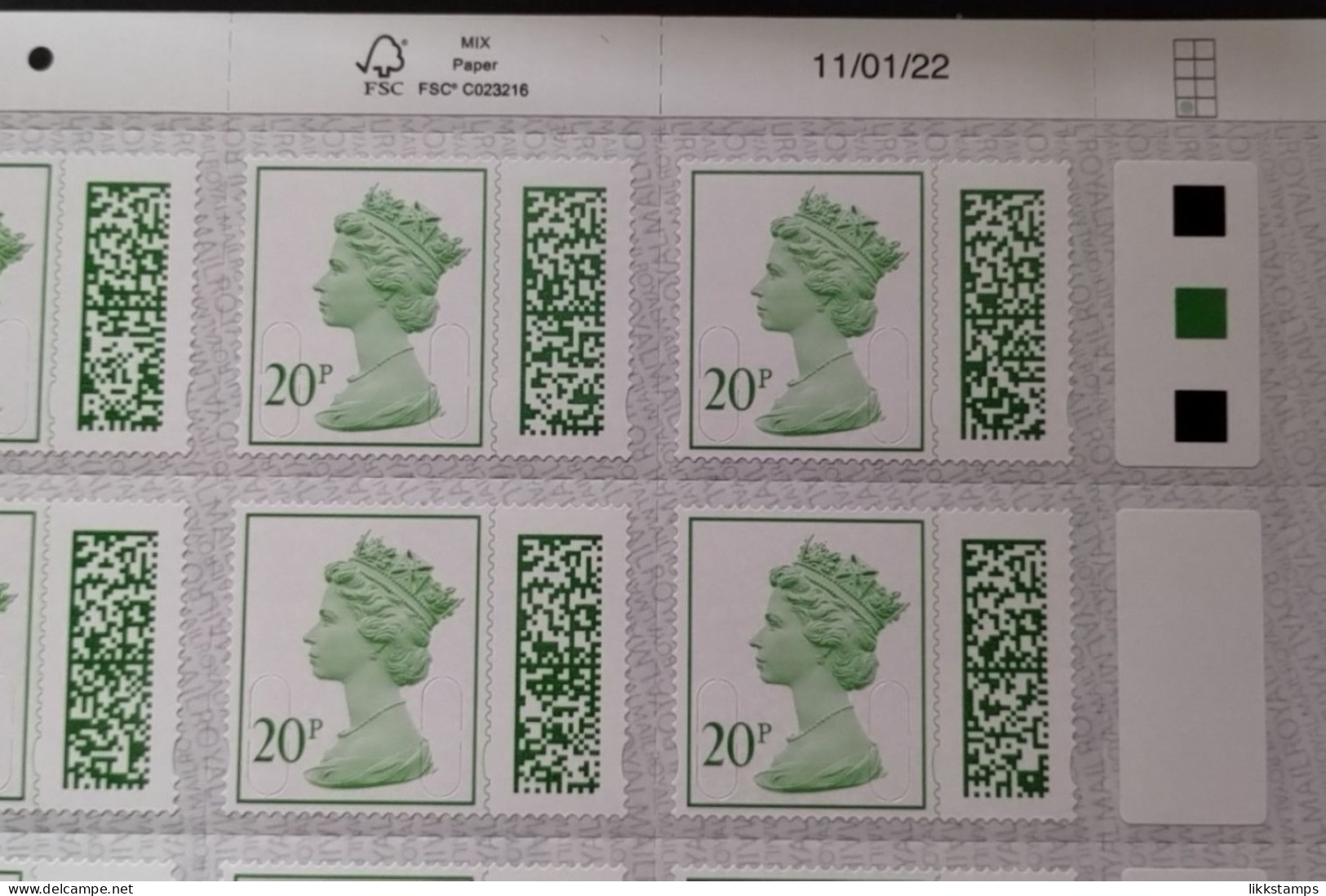 S.G. V4720 ~ 11/01/2022 ~ FULL COUNTER SHEET OF 25 X 20p UNFOLDED AND NHM #02800 - Machin-Ausgaben