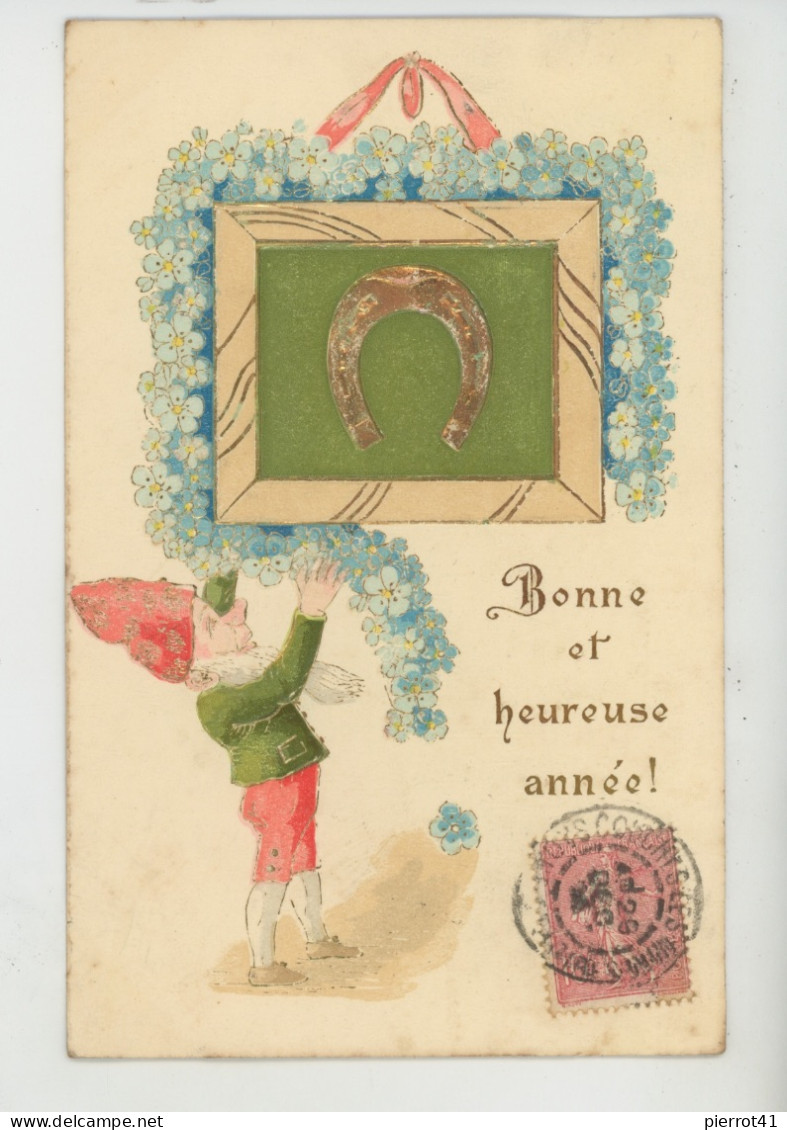 FLEURS - Jolie Carte Fantaisie Gaufrée Avec Dorures Lutin Myosotis Fer à Cheval De "BONNE ANNÉE " (embossed Card) - Neujahr