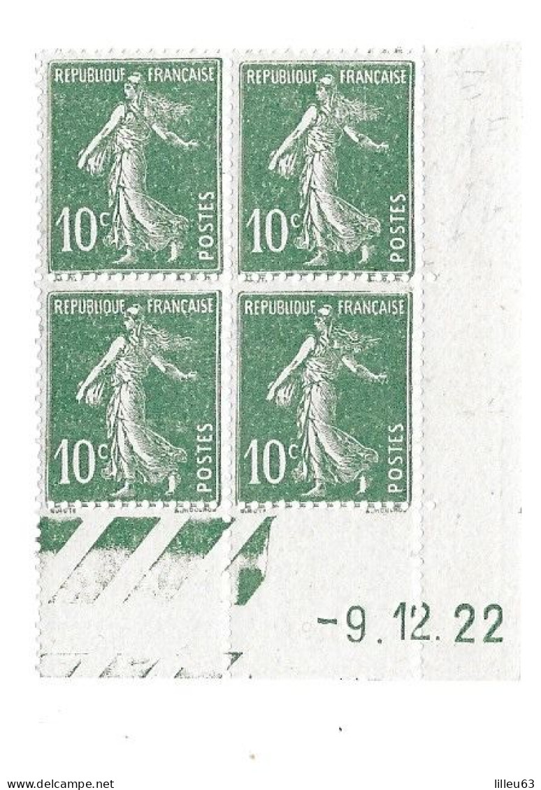 RAre Bloc De 4 Coin Daté Semeuse 10c Vert  159  9.12.22  Decembre 1922 - 1906-38 Semeuse Camée