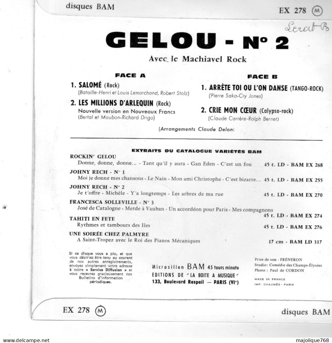 Disque - Gélou - N°2 - Salomé - BAM EX 278 - France 1961 - Rock