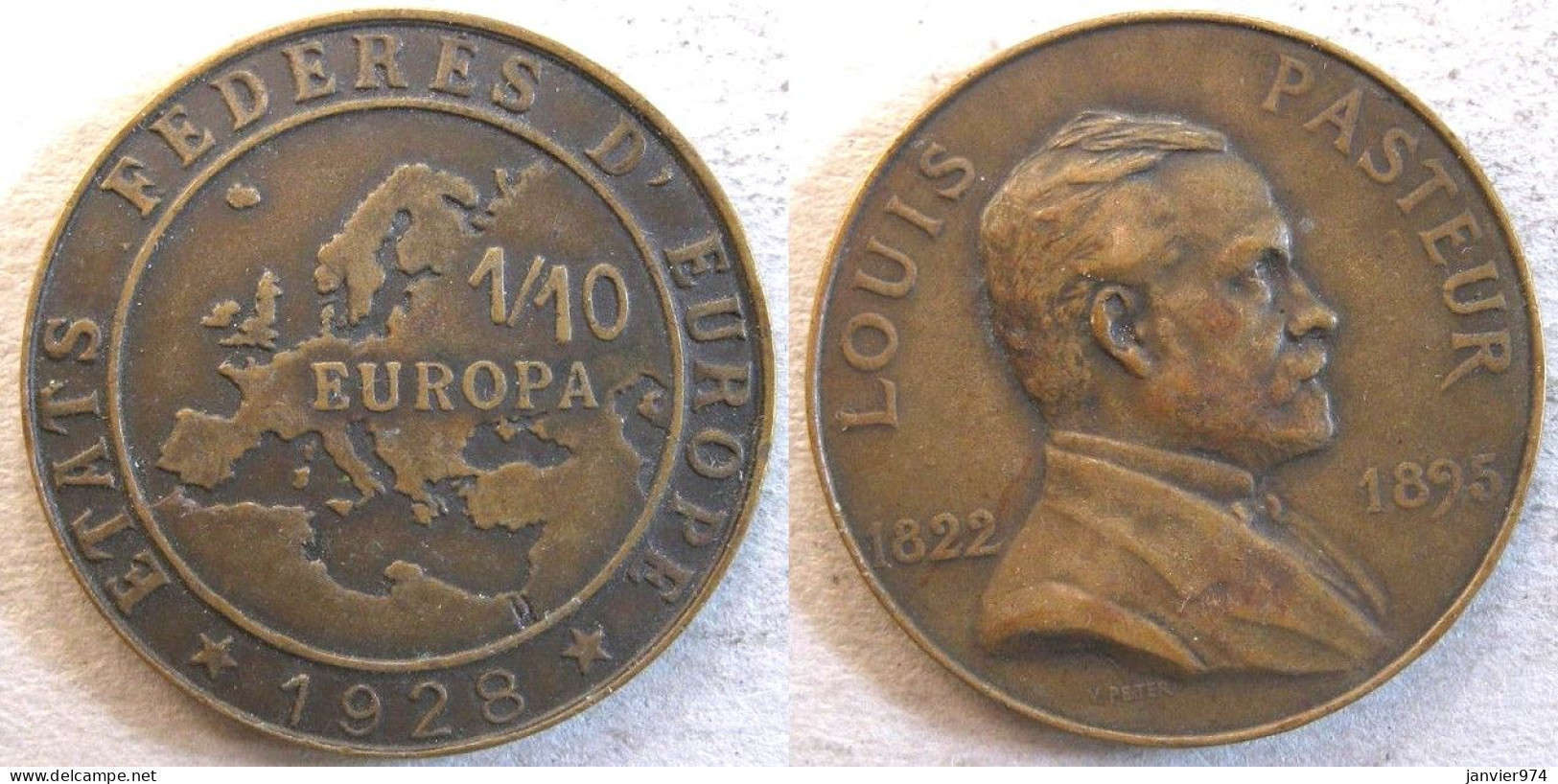 États Fédères D'Europe 1/10 Europa 1928, PASTEUR, Par Victor Peter , En Bronze - Sonstige & Ohne Zuordnung