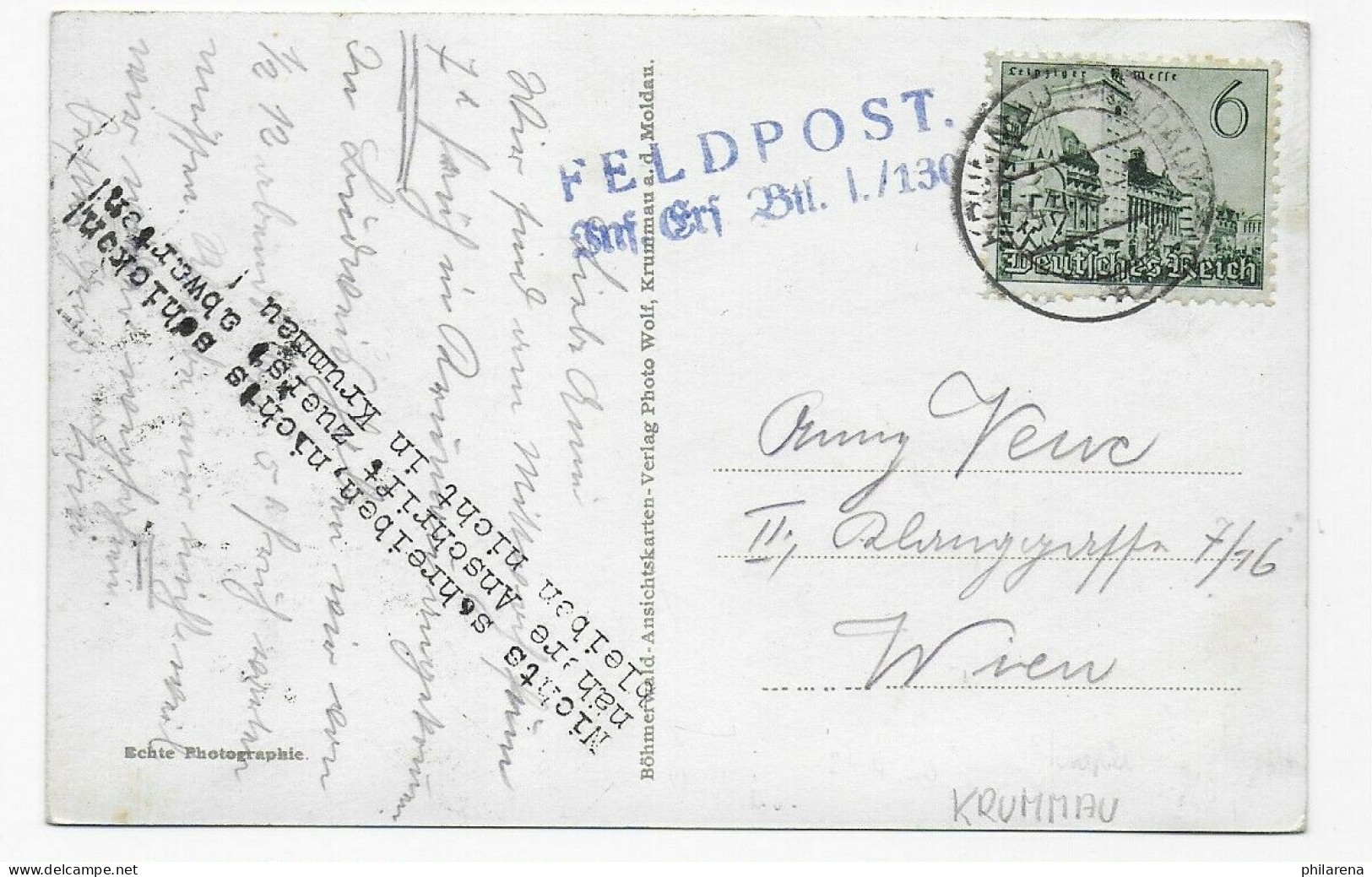 Feldpost Inf. Ers. Btl. I.130 Von Krummau/Moldau Nach Wien - Feldpost World War II