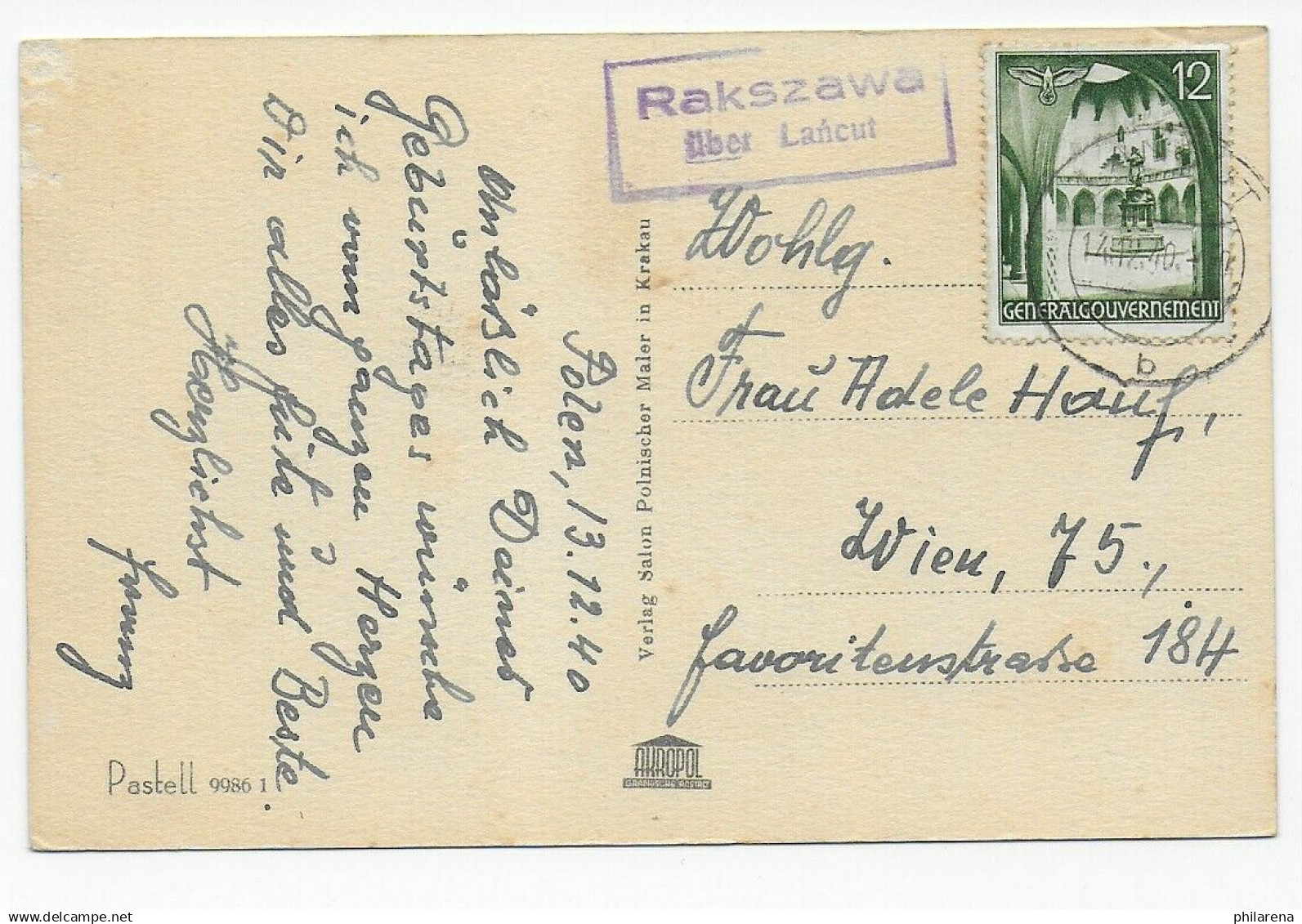 Geburtstagskarte Von Postagentur Rakszawa über Lancut Nach Wien, 1940 - Occupation 1938-45