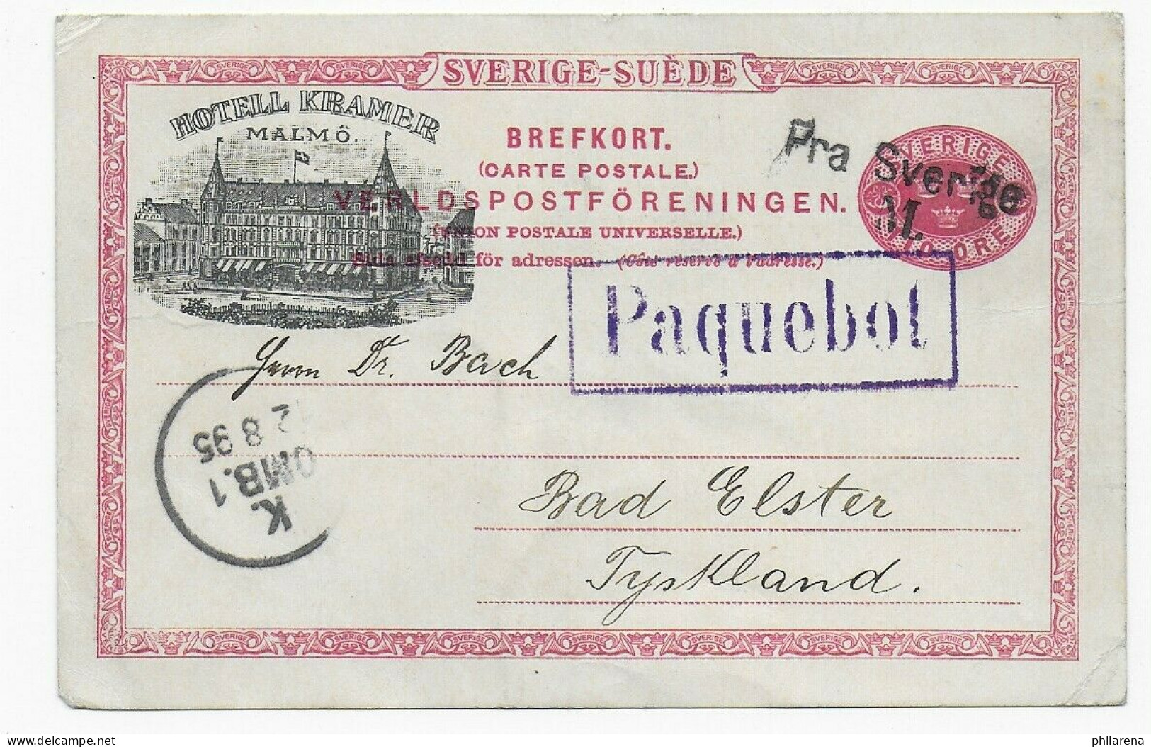 Brefkort Pra Sverige Malmö, Schiffspost Paquebot Nach Bad Elster, 1895 - Sonstige & Ohne Zuordnung