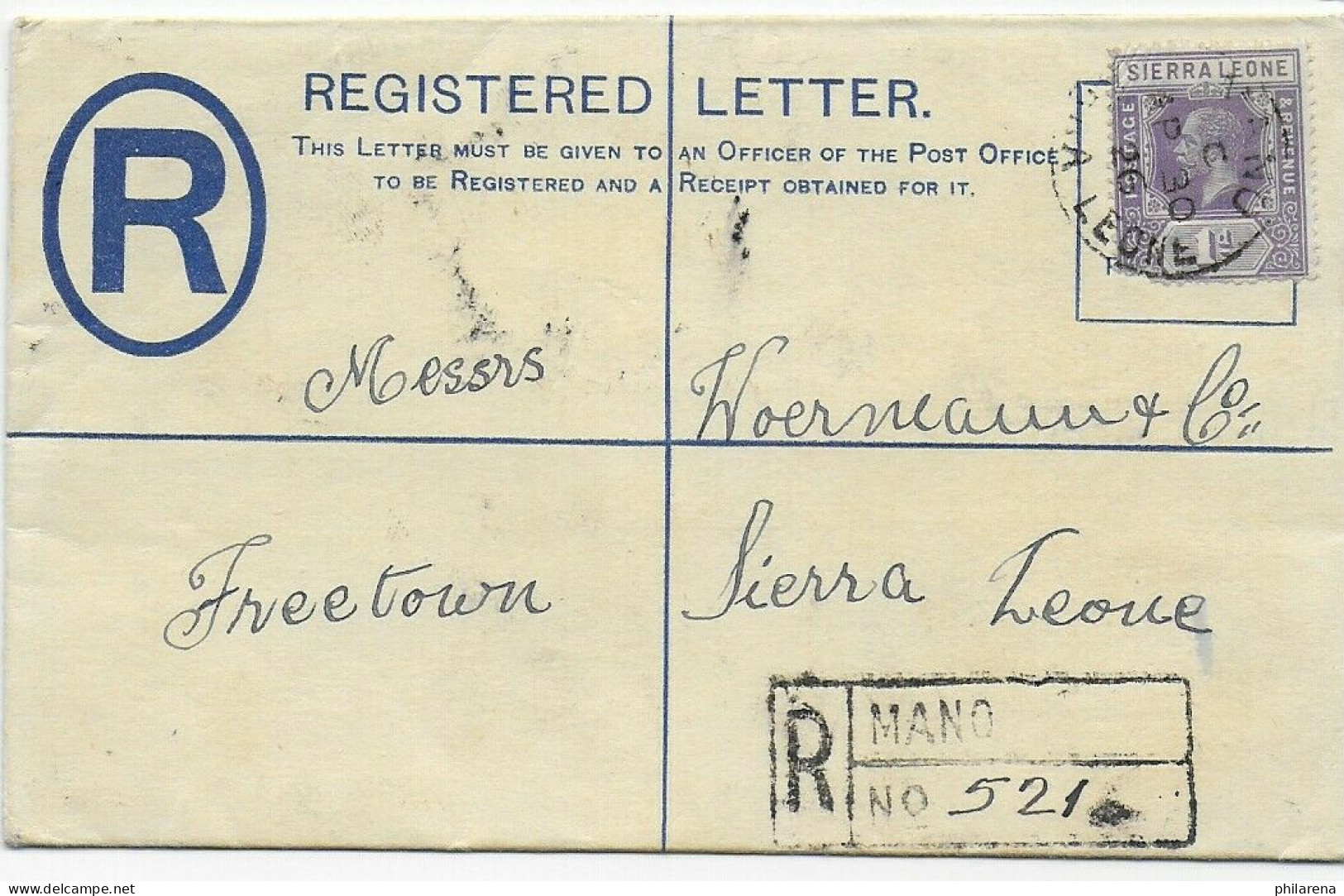 Registered Mano, Sierra Leone, Freetown, 1926 - Sierra Leone (1961-...)