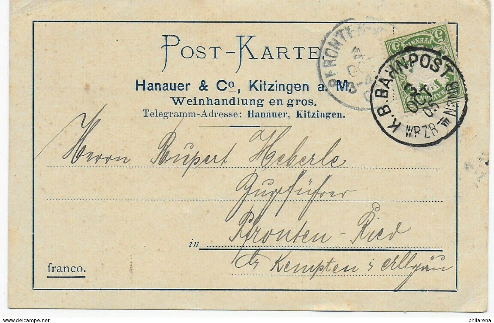 Kitzingen, 1905 Nach Pfronten, Bahnpost An Zugführer, Firmenkarte - Covers & Documents