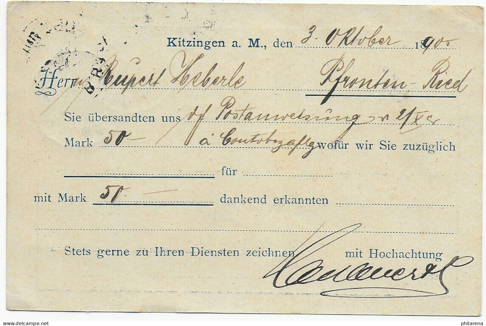 Kitzingen, 1905 Nach Pfronten, Bahnpost An Zugführer, Firmenkarte - Storia Postale