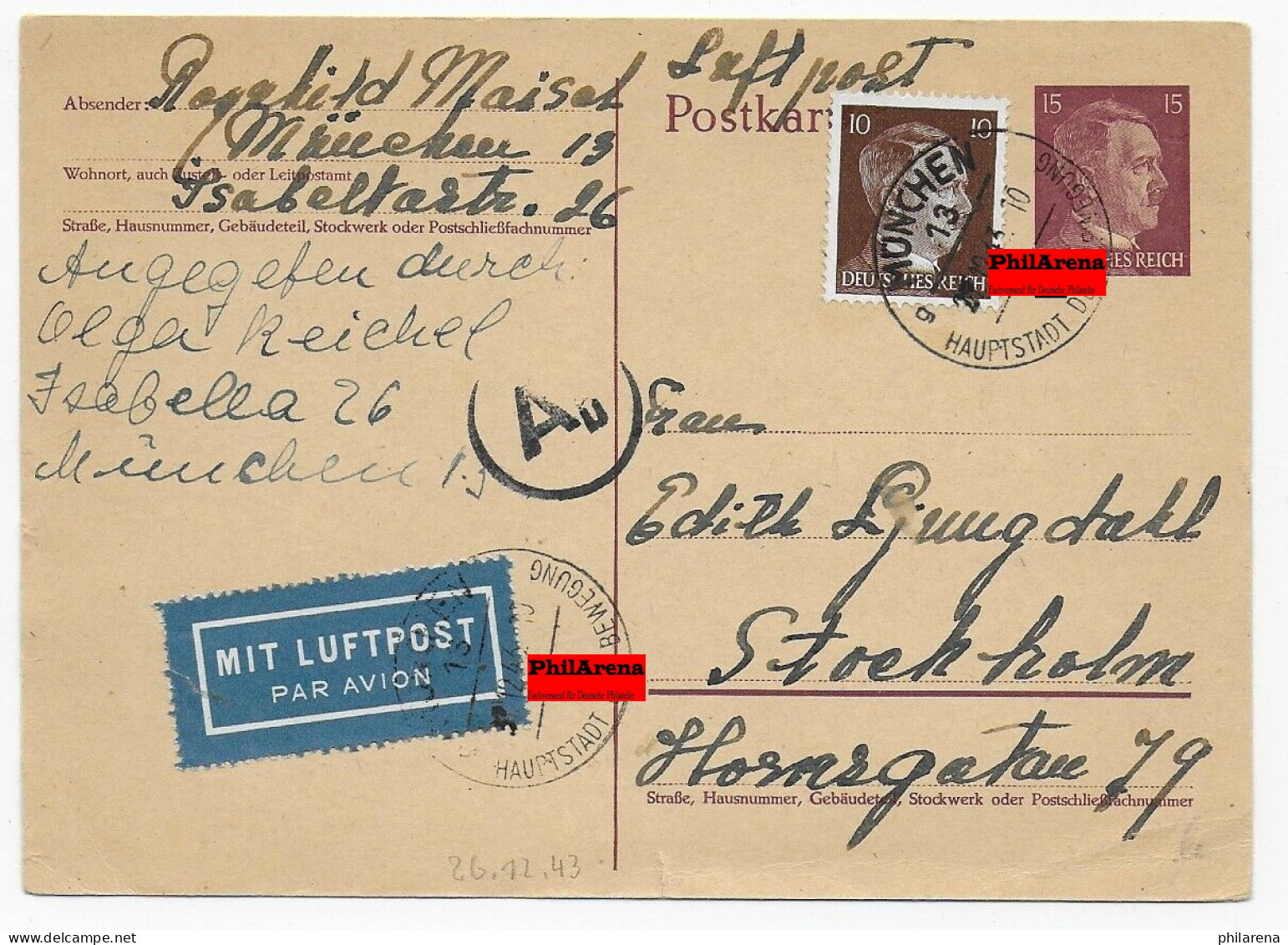 Luftpost Ganzsache München Nach Stockholm, 1943 - Briefe U. Dokumente