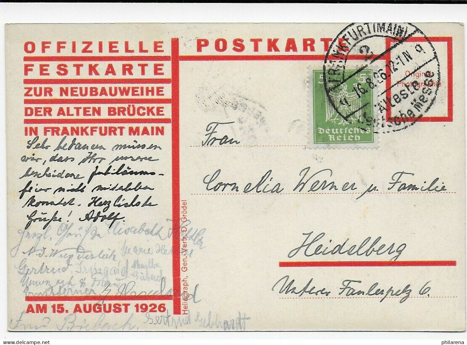 Festkarte Zur Neubauweihe Der Alten Brücke Frankfurt/M, 1926 Nach Heidelberg - Other & Unclassified