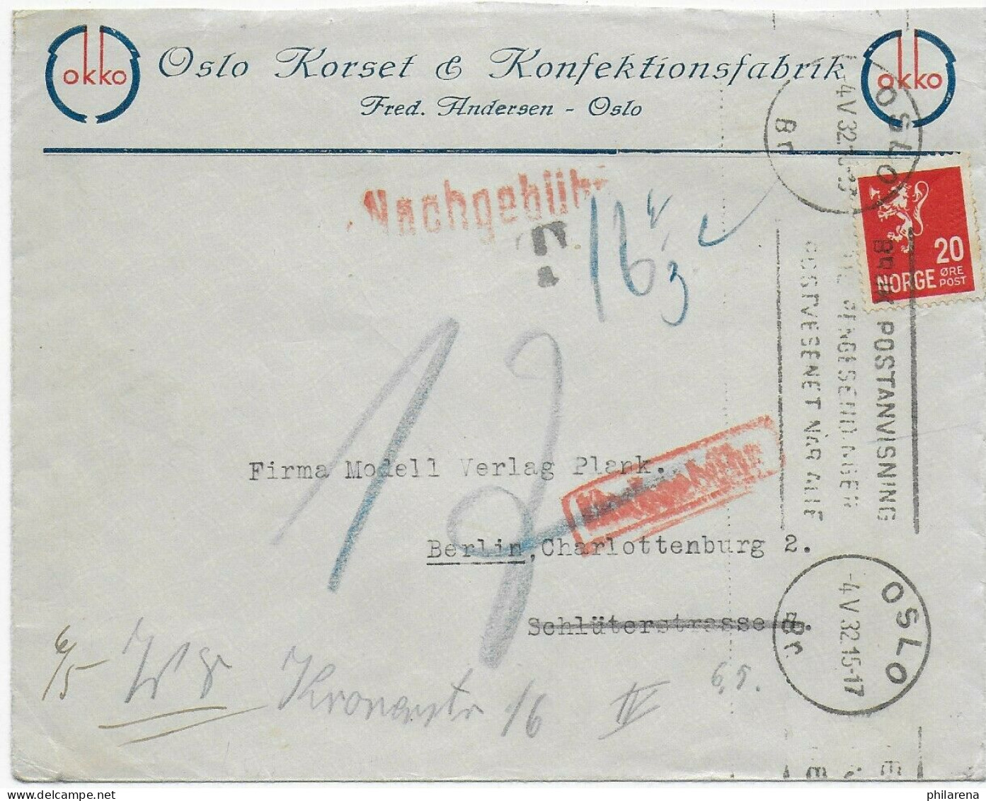 Oslo 1932 Nach Berlin Mit Nachgebühr, Rückseite Mit Bild - Other & Unclassified