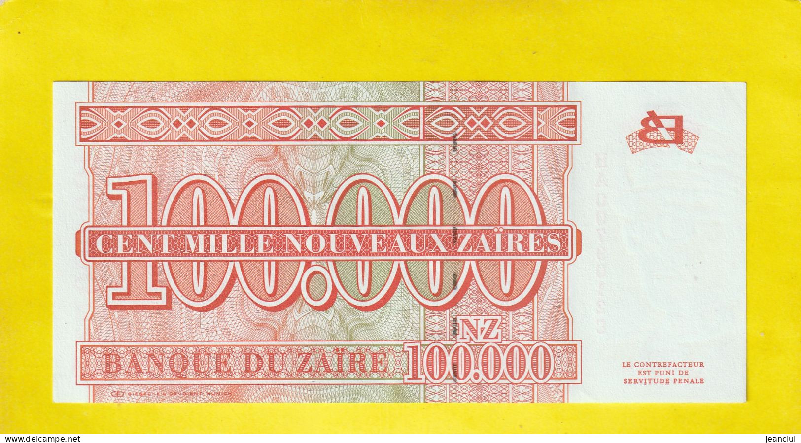 BANQUE DU ZAÏRE  .  100.000 NOUVEAUX ZAÏRES  .  30-6-1996  .  N°   H A 0079012 C  .  2 SCANNES  .  ETAT LUXE  .  UNC - Zaïre