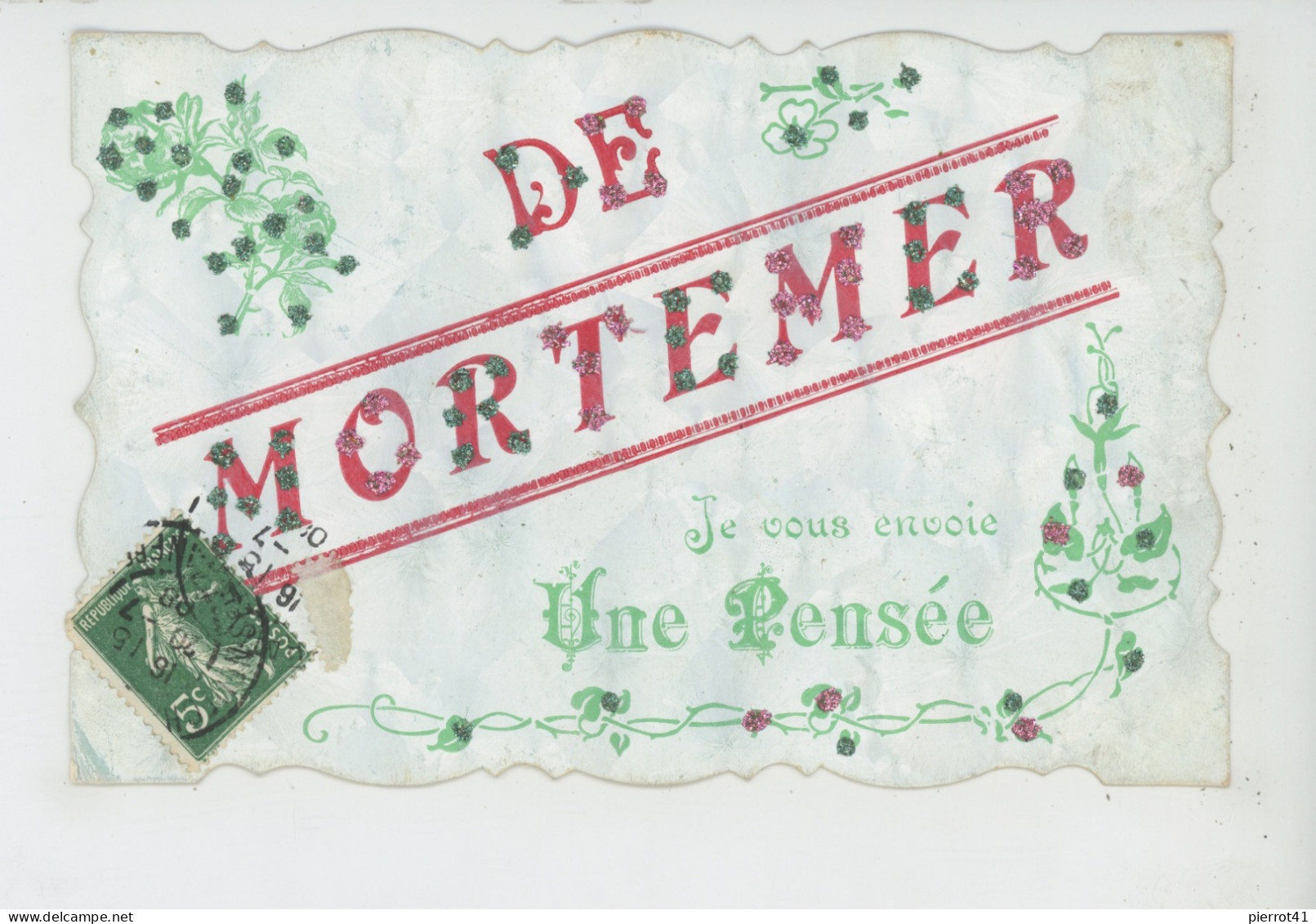 MORTEMER - Jolie Carte Fantaisie Avec Paillettes " De MORTEMER , Je Vous Envoie Une Pensée  " - Autres & Non Classés