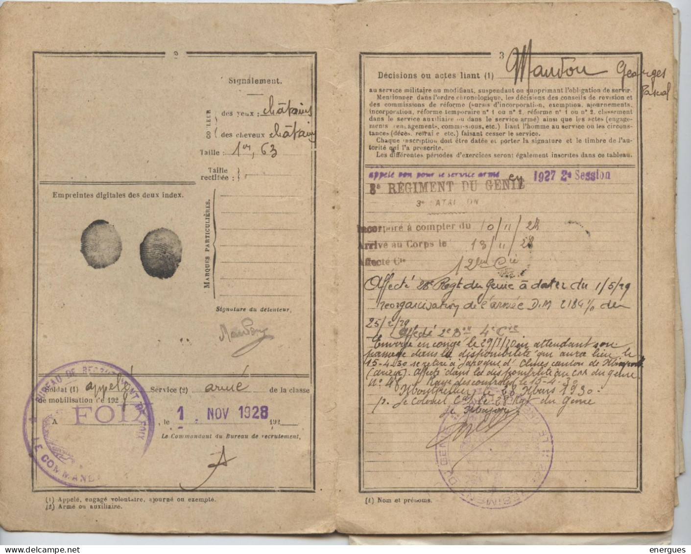 Livret Militaire,classe 1928, Foix, Maudou, Laroque D'olmes,Ariège, 8e Régiment Génie ,puis 28e. 6 Papiers Divers - Documents