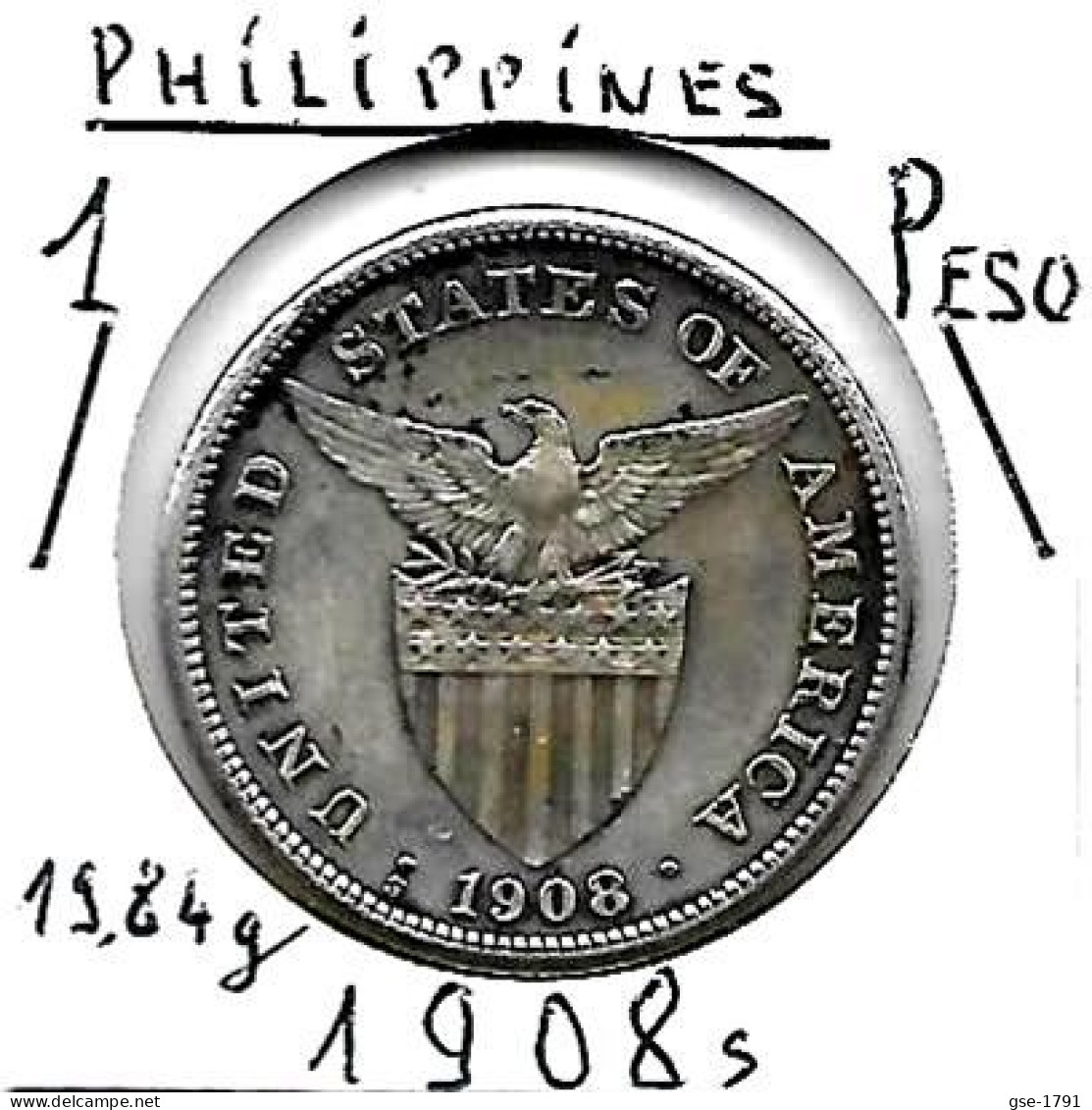 PHILIPPINES  US.Période 1 PESO   Année 1908s   KM172, Ag. 0.800, TTB - Philippines