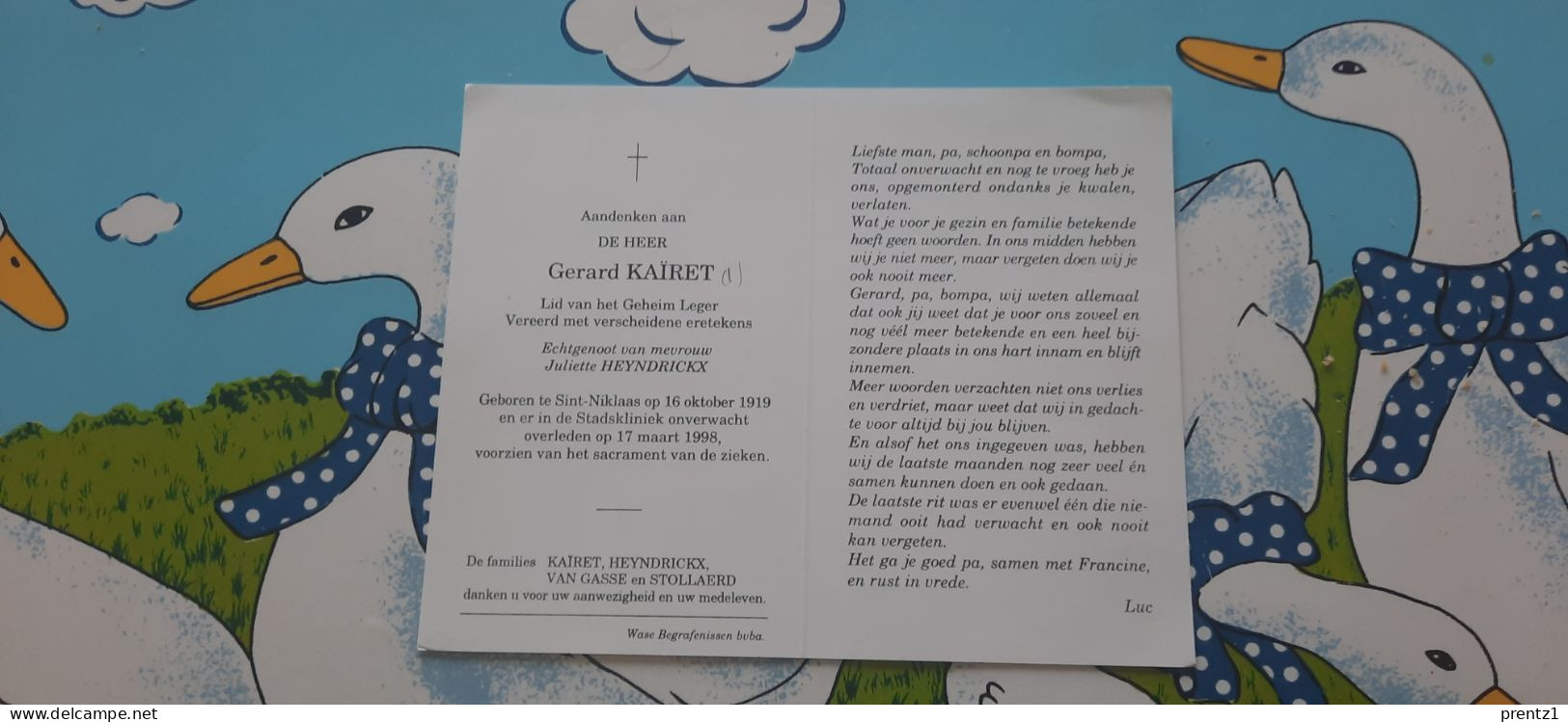 Gerard Kairet Geb. Sint Niklaas 16/10/1919-getr. J. Heyndrickx- Geheim Leger- Gest. 17/03/1998 - Devotieprenten