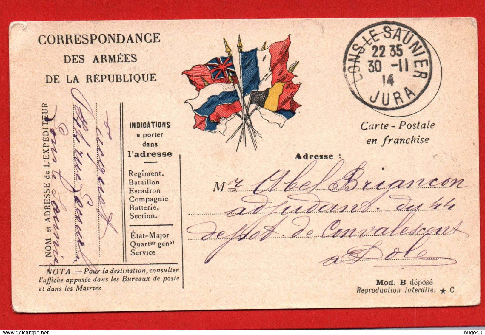 CARTE CORRESPONDANCE DES ARMEES DE LA REPUBLIQUE - LE 30/11/1914 - Cartas & Documentos