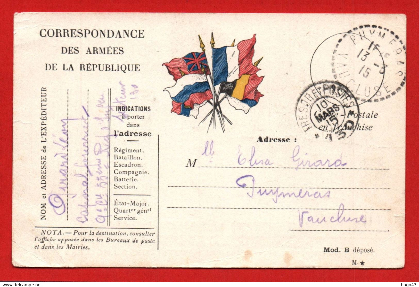 CARTE CORRESPONDANCE DES ARMEES DE LA REPUBLIQUE - LE 15/03/1915 - SECTEUR POSTAL 130 - Briefe U. Dokumente