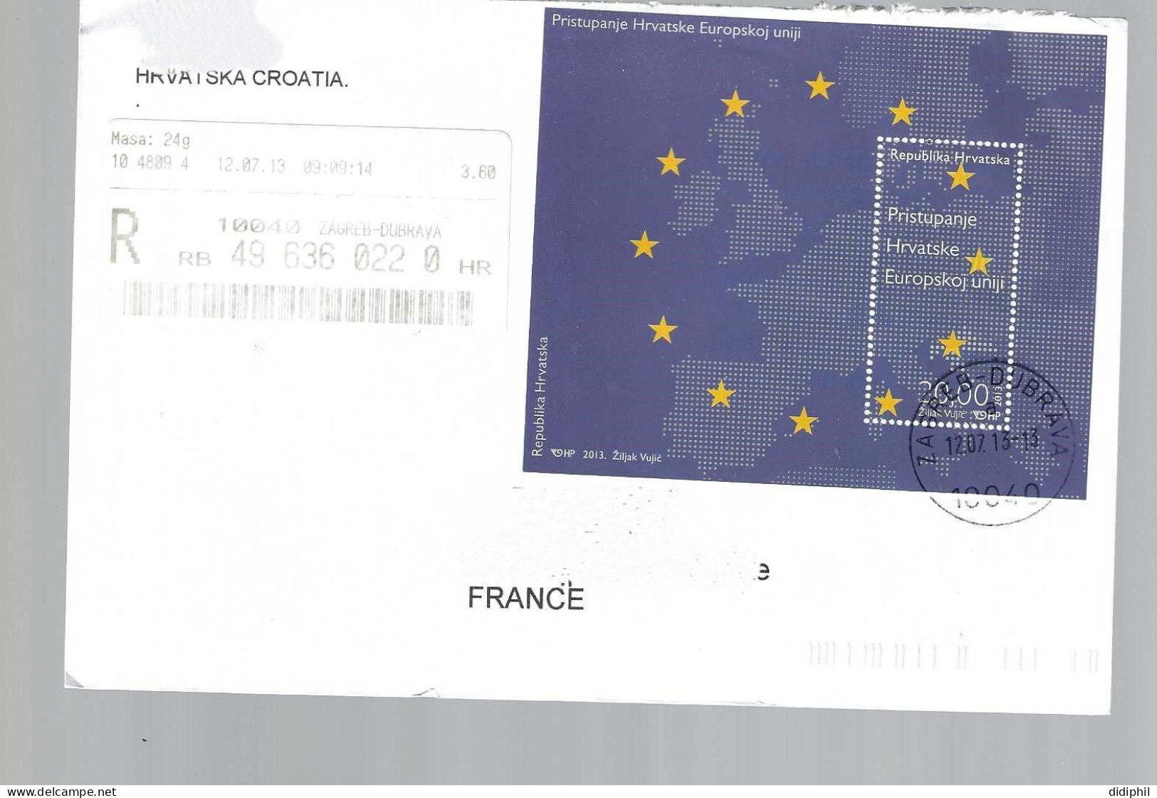 CROATIE BLOC 52 SUR L ADHESION A L UNION EUROPEENNE SUR LETTRE RECOMMANDEE POUR LA FRANCE - Croatie