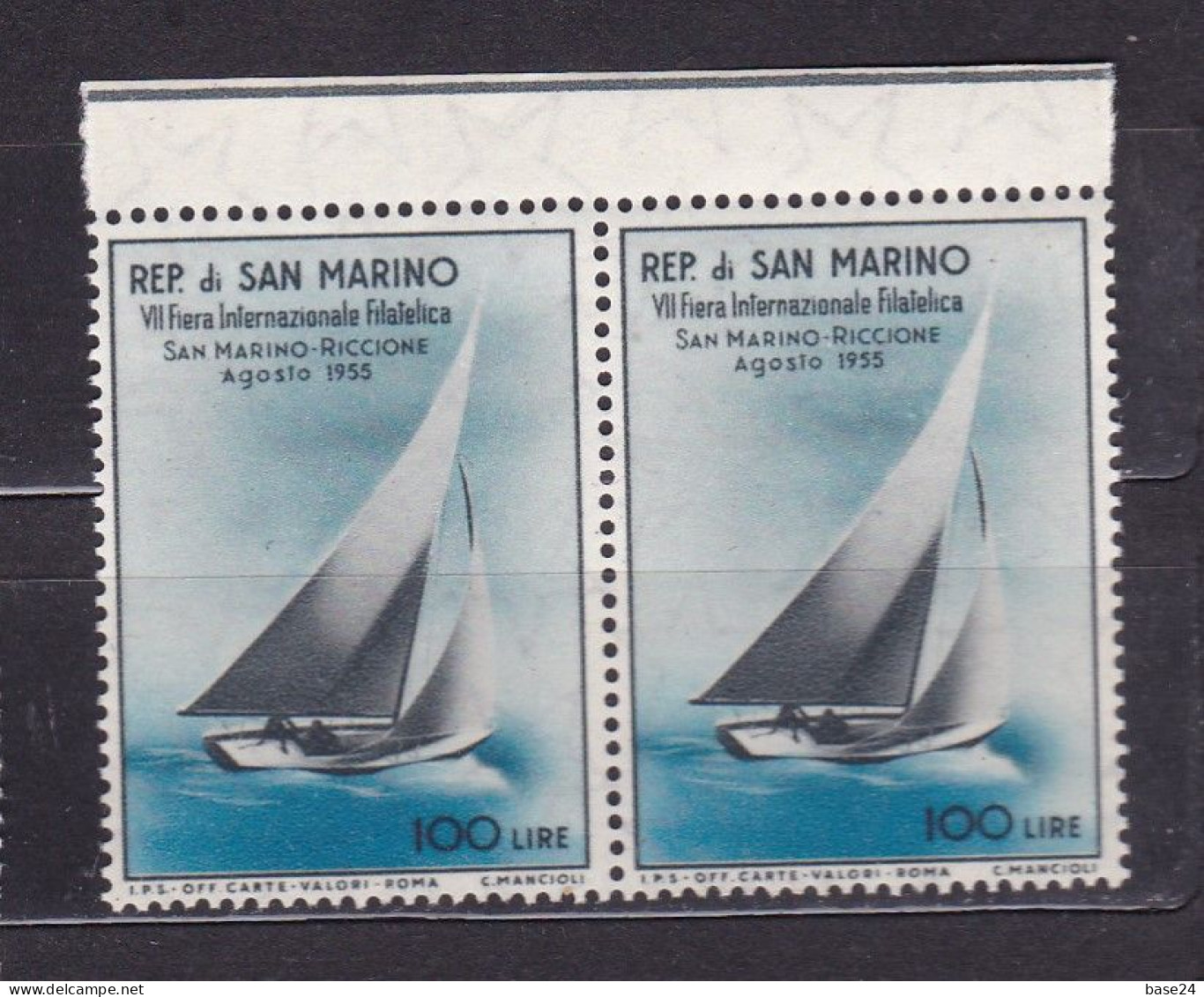 1955 San Marino Saint Marin VELA I° Giornata Filatelica RICCIONE 2 Serie 100L Azzurro-nero Coppia MNH** SAIL BOAT Pair - Vela