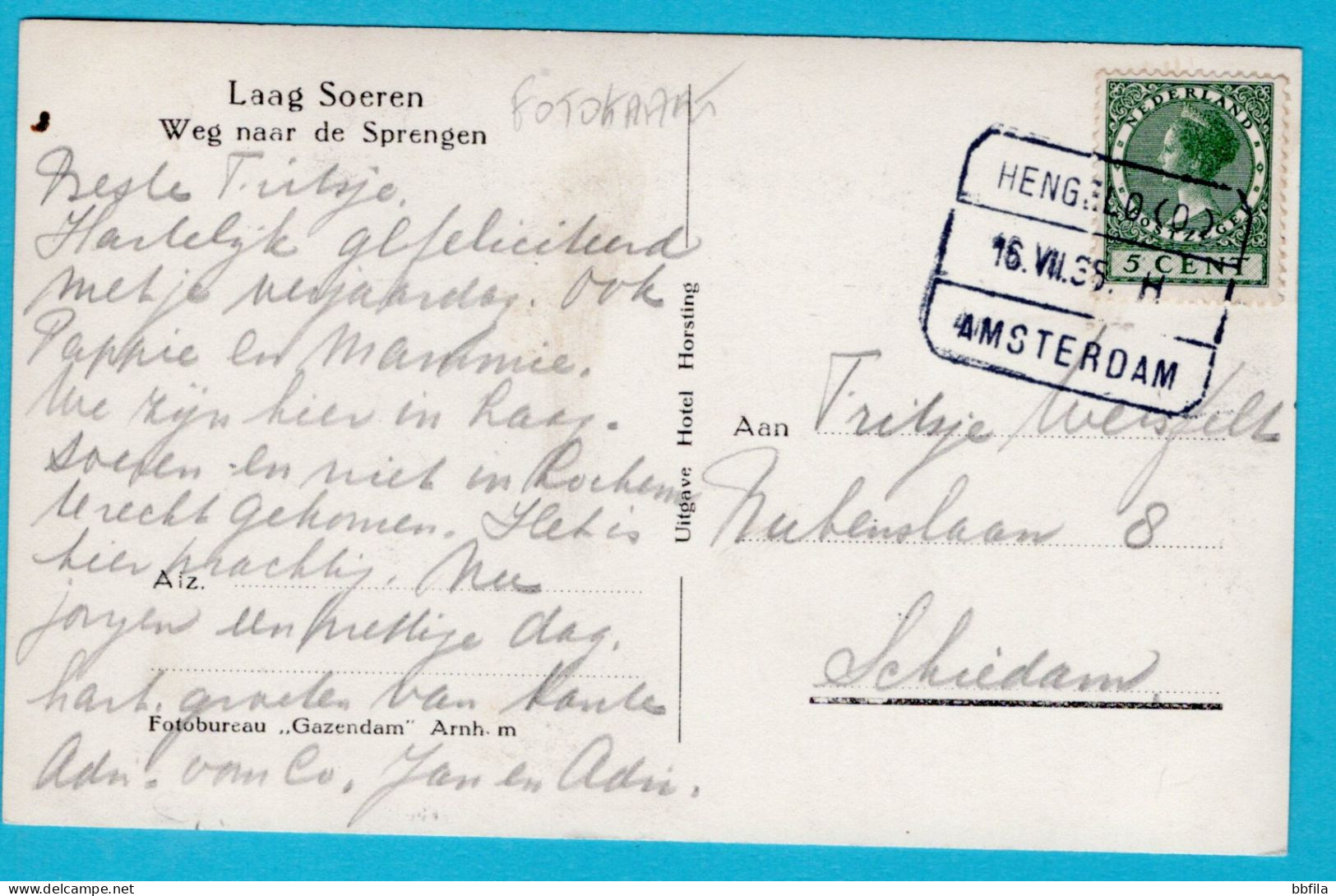 NEDERLAND Fotokaart Laag Soeren Weg Naar De Sprengen 1939 Treinstempel Hengelo-Amsterdam - Autres & Non Classés