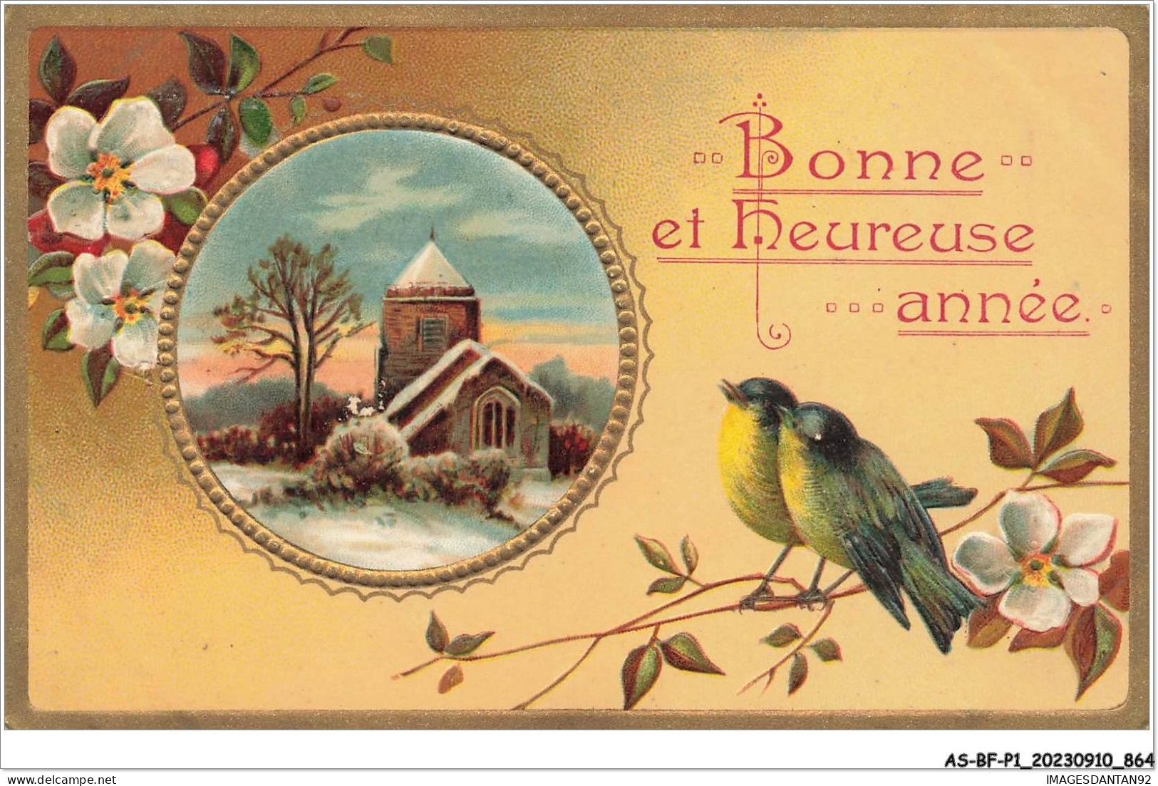 AS#BFP1-0433 - VOEUX - Bonne Et Heureuse Année - Moineaux Et église - Carte Gaufrée - Neujahr