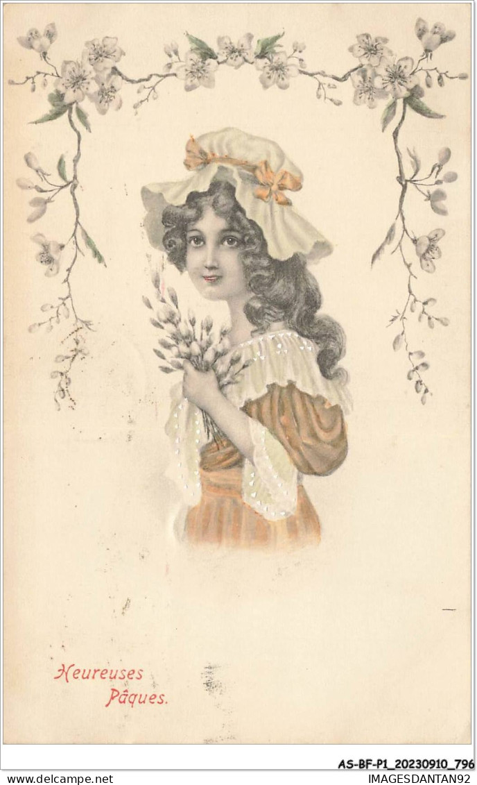 AS#BFP1-0399 - VOEUX - Heureuses Pâques - Jeune Femme Portant Des Fleurs De Coton - Pâques
