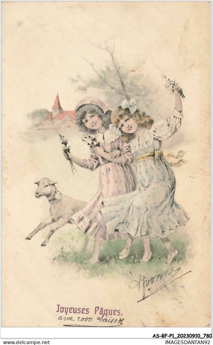 AS#BFP1-0391 - VOEUX - Joyeuses Pâques - Deux Jeunes Filles Se Promenant Avec Un Mouton - Pâques