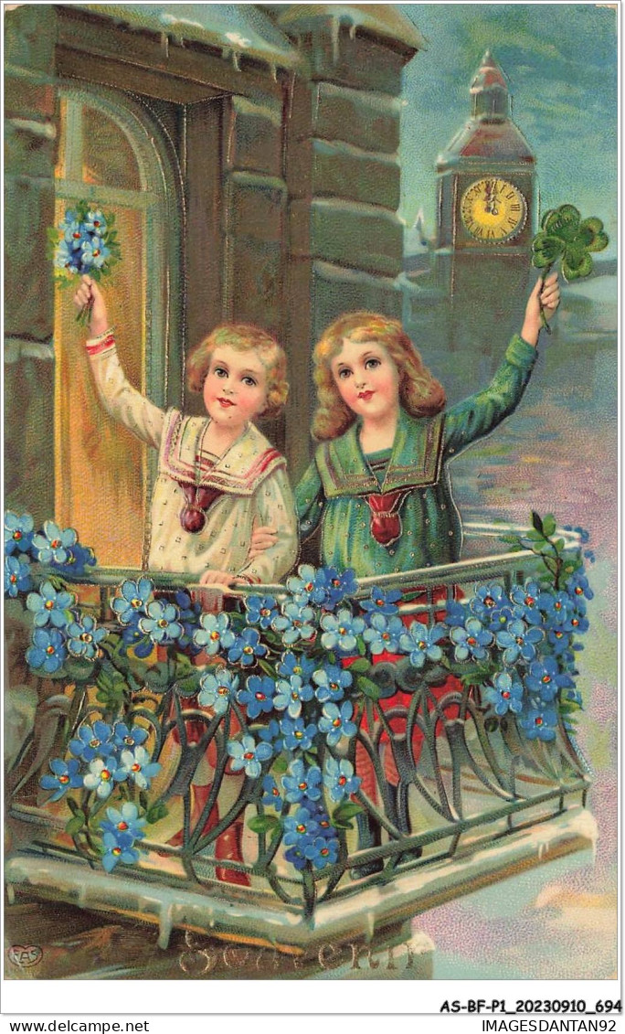 AS#BFP1-0348 - VOEUX - Souvenir - Couple D'enfant Sur Un Balcon Décoré De Myosotis - Ostern