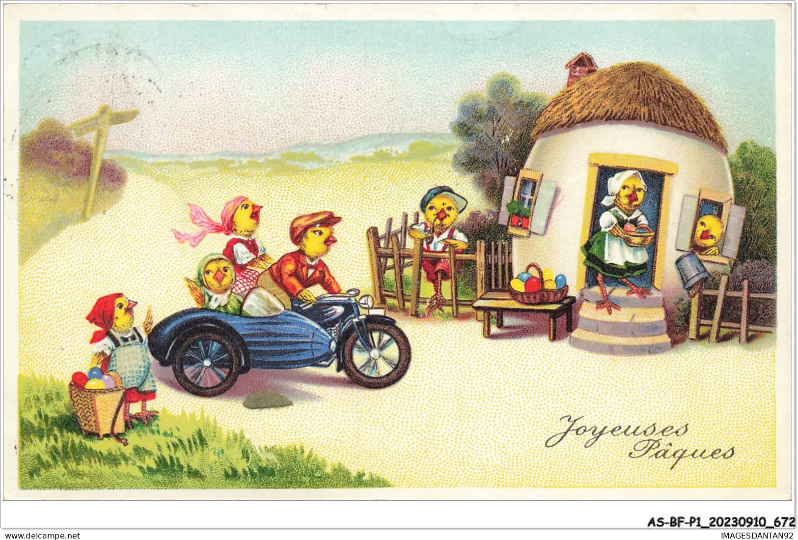 AS#BFP1-0337 - VOEUX - Heureuses Pâques - Poussins Habillés, Side Car - Easter