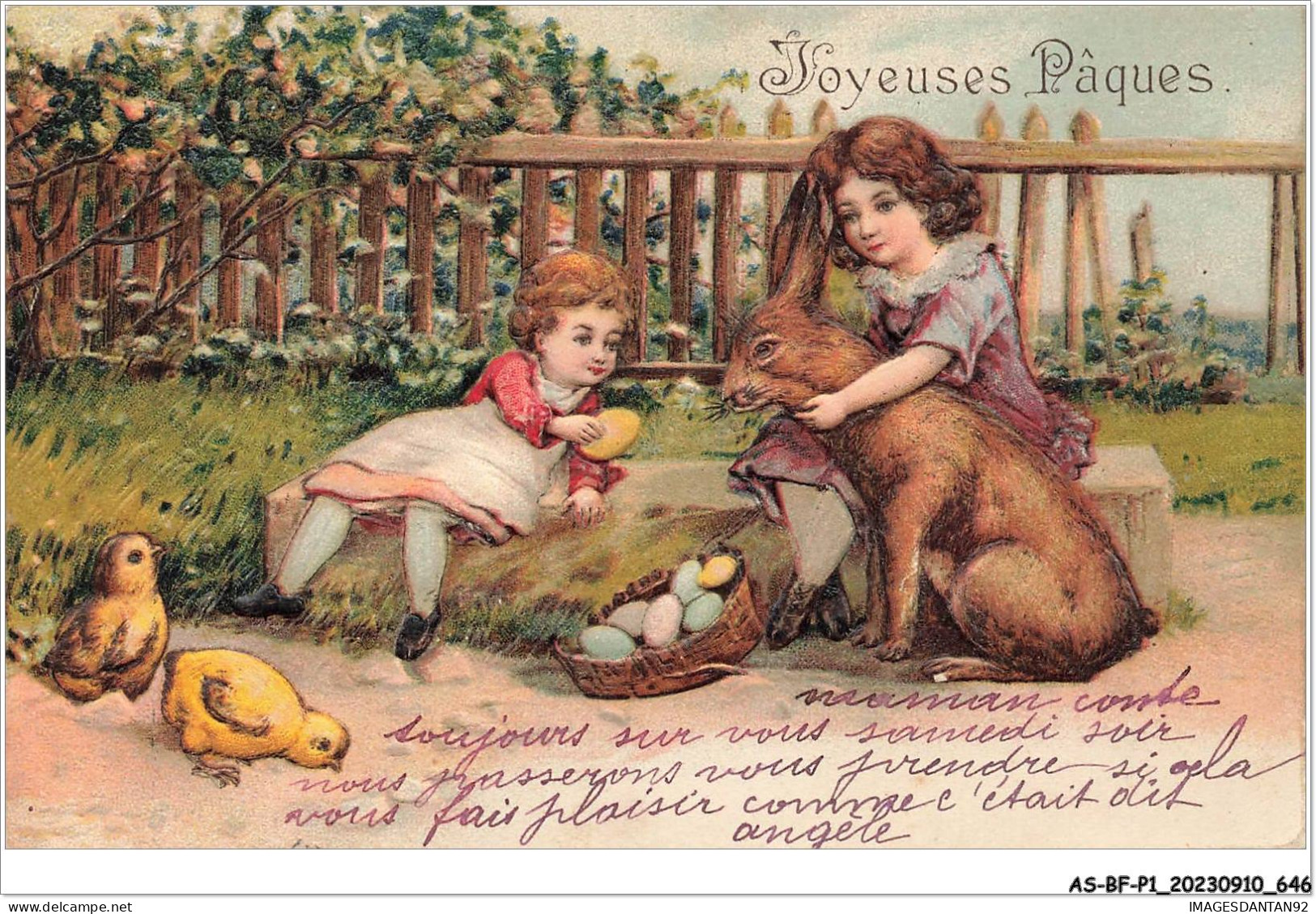 AS#BFP1-0324 - VOEUX - Joyeuses Pâques - Fillettes Avec Un Lièvre Et Des Poussins - Carte Gaufrée  - Pâques