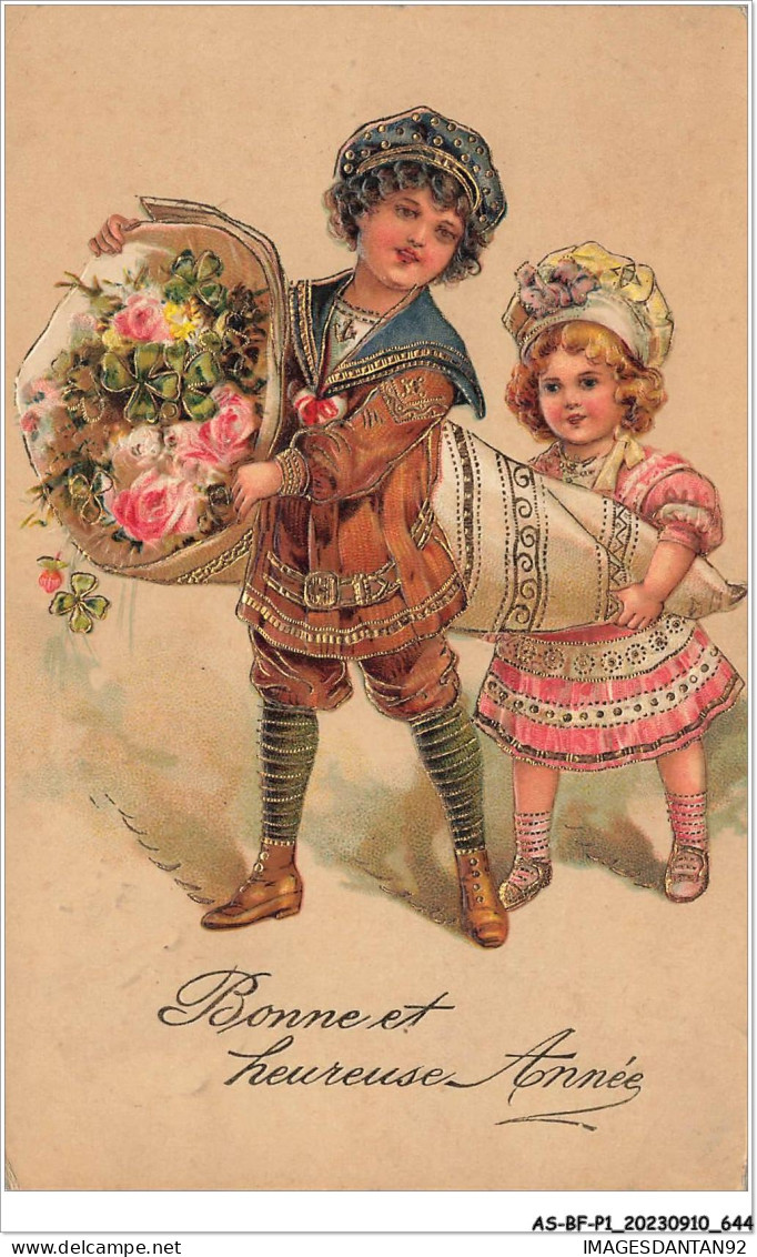 AS#BFP1-0323 - VOEUX - Bonne Et Heureuse Année - Enfants Portant Des Bouquets - Carte Gaufrée - Neujahr